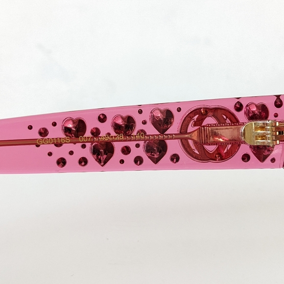 Gucci GG0116S Pink Oversized Embellished Sunglasses Ruby Red Crystal Hearts - Picture 15 of 17